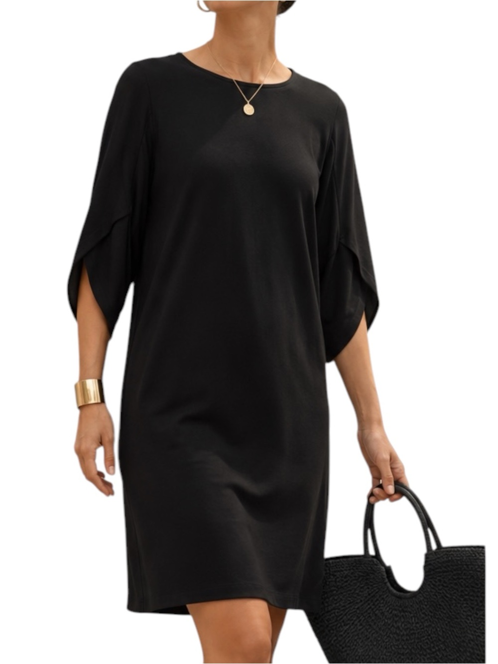 Eileen Fisher Black Tulip Sleeve Jersey Tencel Lyocell Sheath Dress Small